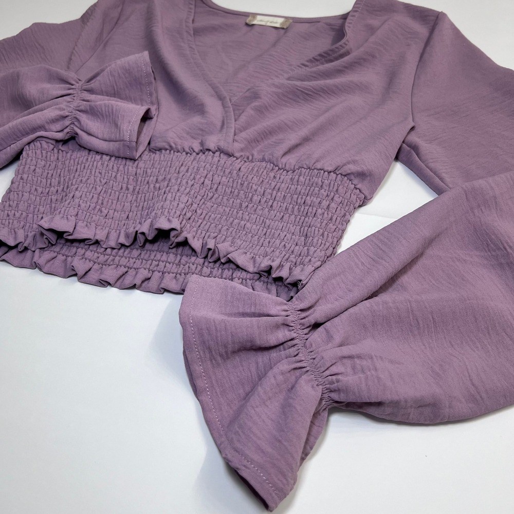 Altar'd State Crop Top Small Purple V Neckline Smocked Waist Ruffle Long Sleeve - Picture 11 of 12